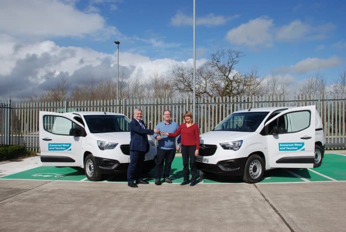 Bob Sweetland, SFS; with Cllr Andrew Sully and Cllr Dixie Darch, Somerset West and Taunton Council with a selection of the new electric vans